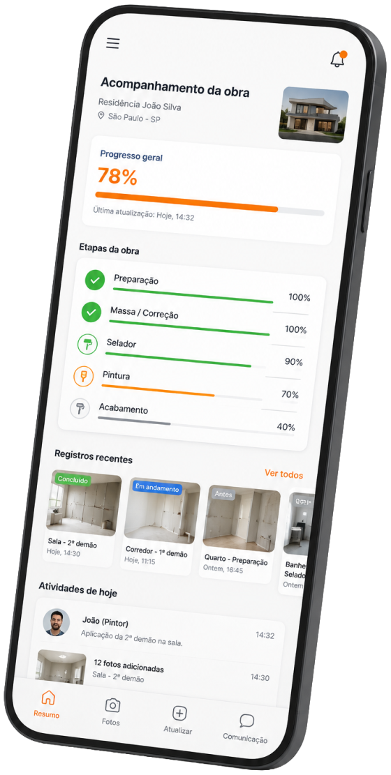 Aplicativo de acompanhamento de obra mostrando 78% de progresso, etapas e registros de fotos